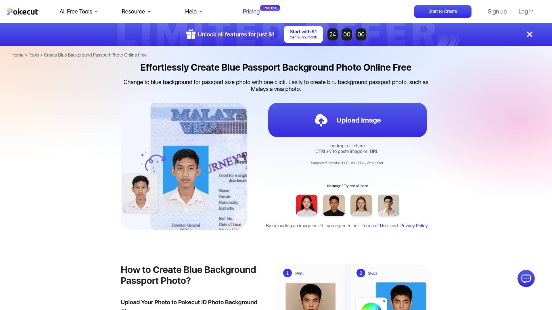 Create Blue Background Passport Photo with Pokecut