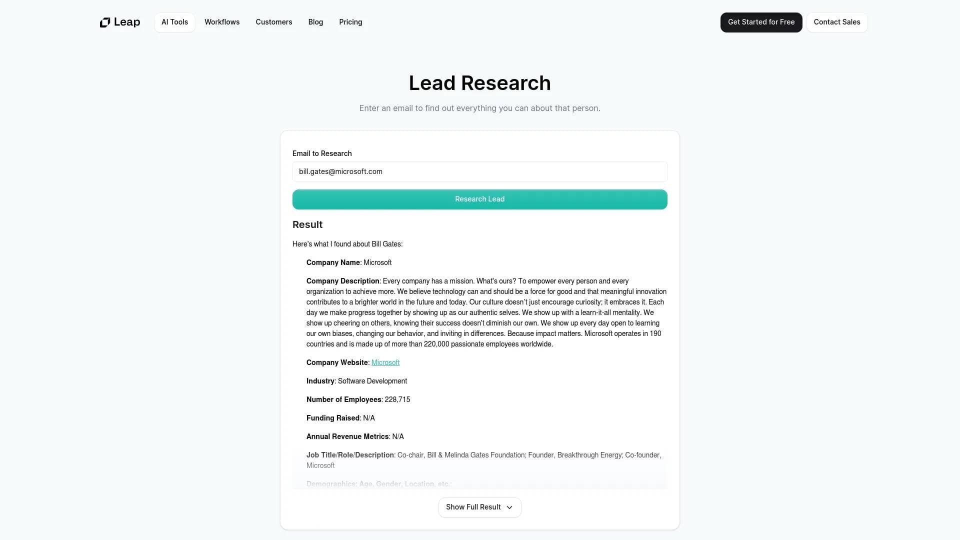 Lead Research Tool by Leap AI